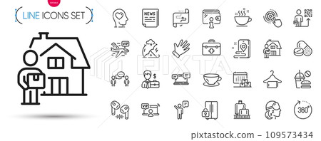 Pack of Espresso, Stress protection and Target path line icons. Include Businessman case, Vip flight, Fast food pictogram icons. Refrigerator, Leadership, Internet chat signs. First aid. Vector Pack of Espresso, Stress protection and Target path line icons. Include Businessman case, Vip flight, Fast food pictogram icons. Refrigerator, Leadership, Internet chat signs. First aid. Vector 109573434
