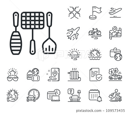 Barbecue utensils sign. Plane jet, travel map and baggage claim outline icons. Grill tools line icon. Food cooking baskets and spatula symbol. Grill tools line sign. Vector 109573435