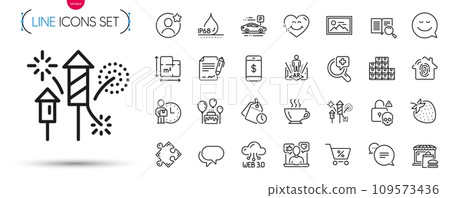 Pack of Social media, Smile and Best friend line icons. Include Cake, Car parking, Smartphone payment pictogram icons. Text message, Photo, Web3 signs. Time management, Fireworks rocket. Vector 109573436