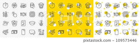 Outline Message, Food and Smartphone line icons pack for web with Windy weather, Fish school, Thermometer line icon. Lounge, Winner reward, Bowl dish pictogram icon. Documents, Popcorn. Vector 109573446