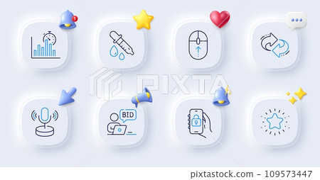 Report timer, Chemistry pipette and Microphone line icons. Buttons with 3d bell, chat speech, cursor. Pack of Swipe up, Refresh, Online auction icon. Locked app, Twinkle star pictogram. Vector 109573447