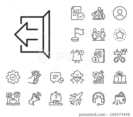 Sign out symbol. Salaryman, gender equality and alert bell outline icons. Logout arrow line icon. Navigation pointer. Sign out line sign. Spy or profile placeholder icon. Vector 109573448