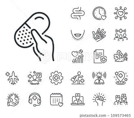 Medical drugs sign. Online doctor, patient and medicine outline icons. Capsule pill line icon. Pharmacy medication symbol. Capsule pill line sign. Veins, nerves and cosmetic procedure icon. Vector 109573465