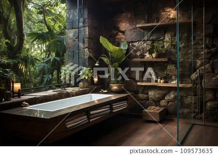 Bathroom designed for water consciousness, mirrors with frames crafted from recycled materials, sustainable design 109573635