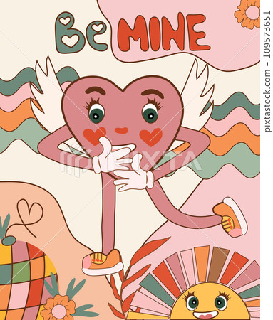 Groovy hippie love sticker collection for a retro, happy Valentine's Day. Features comic style joyful heart characters with flowers in a fashionable 60s-70s retro cartoon design. Vector illustration 109573651