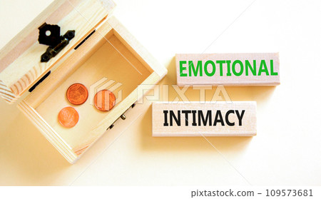 Emotional intimacy symbol. Concept words Emotional intimacy on beautiful wooden blocks. Beautiful white table white background. Wooden chest coins. Psychology emotional intimacy concept. Copy space. Emotional intimacy symbol. Concept words Emotional intimacy on beautiful wooden blocks. Beautiful white table white background. Wooden chest coins. Psychology emotional intimacy concept. Copy space. 109573681