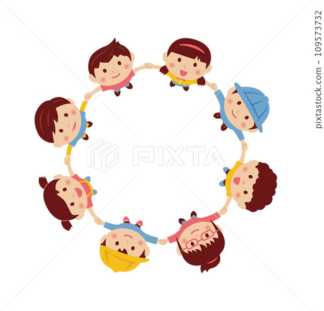 Illustration of children holding hands in a circle and looking up at the sky (center copy space) 109573732