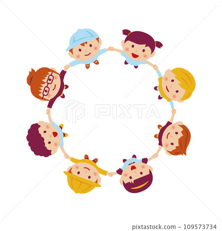 Illustration of children holding hands in a circle and looking up at the sky (center copy space) 109573734