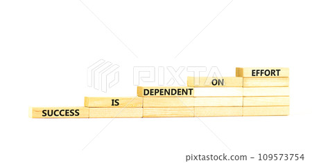 Success and effort symbol. Concept words Success is dependent on effort on wooden block. Beautiful white table white background. Business success and effort concept. Copy space. 109573754