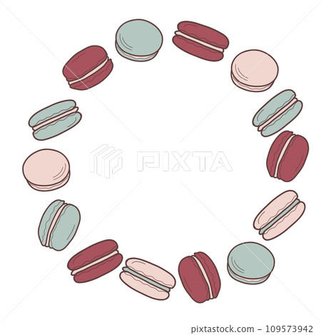 Wreath from macaroons in boho colors. Vector flat illustration of dessert for menu, logo of cafe or pastry store. 109573942