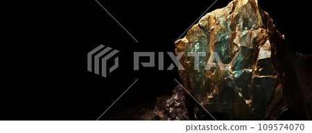 Valleriite is a rare precious natural stone on a black background. AI generated. Header banner mockup with space. 109574070