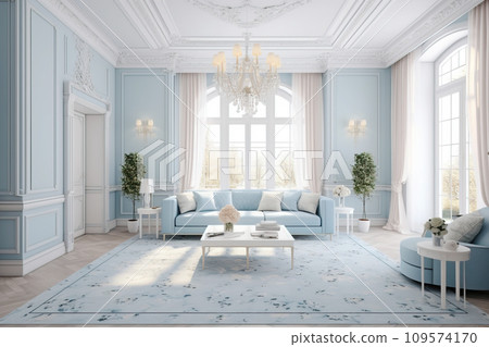 European interior design of a living room in an apartment house, warm colors, white blue soft colors. AI Generative. European interior design of a living room in an apartment house, warm colors, white blue soft colors. AI Generative. 109574170