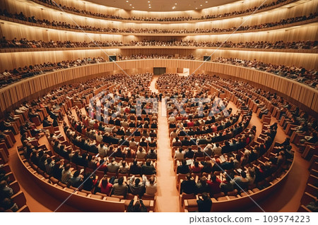 Lecture in a large university auditorium to a group of students aerial view. AI generated. 109574223