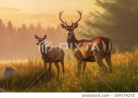 deer with antlers and small bambi fawn at sunset in meadow near forest. AI generated. 109574258