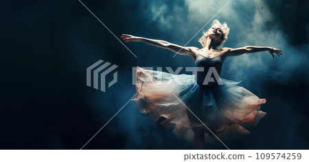 Classic ballet choreographic dance, dark background. Dancer ballerina on professional. AI generated. 109574259