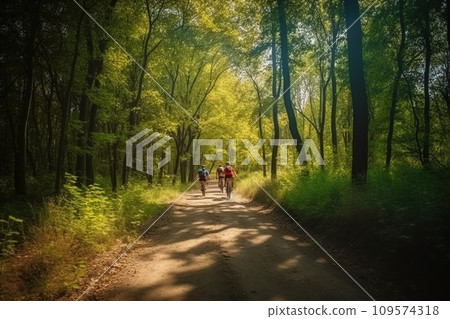 A group of bicycles with a cyclist rider at sunset on a forest road. Active healthy sport hobby. AI generated. 109574318