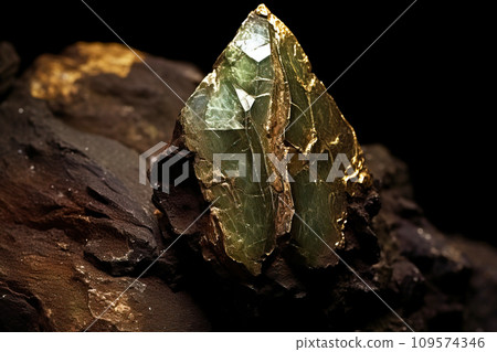 Valleriite is a rare precious natural stone on a black background. AI generated. 109574346