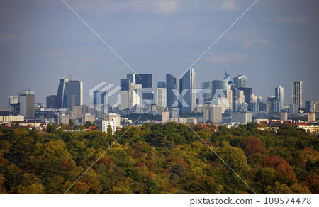 La Defense panorama of the Defense district with dominating skyscrapers on clear autumn day. La Defense panorama of the Defense district with dominating skyscrapers on clear autumn day. 109574478