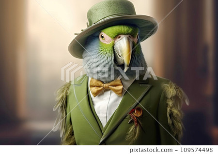 Mr green parrot gentleman in boss hat and scientist. AI generated Mr green parrot gentleman in boss hat and scientist. AI generated 109574498