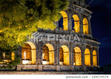 Amazing colosseum stadium exterior illuminated at night 109574574