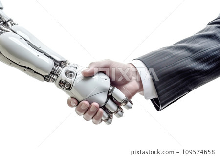 Handshake of a man with an android, robotic artificial intelligence of a cyborg. AI generated. 109574658