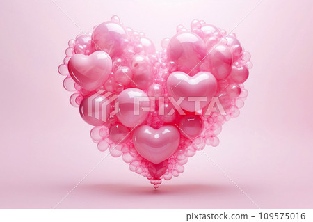 Pink hearts and soap bubbles on pink background. Valentine's day card template. Love and wedding, loving hearts concept, Mother's Day card 109575016