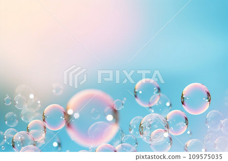 Soap bubbles floating in the air on pastel gradient background. Iridescent bubbles. Dreaming, fun and joy concept. Abstract pc desktop wallpaper. Cleaning and washing theme 109575035