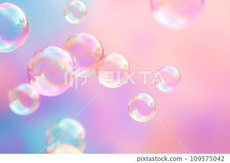 Soap bubbles floating in the air on pastel gradient background. Iridescent bubbles. Dreaming, fun and joy concept. Abstract pc desktop wallpaper. Cleaning and washing theme Soap bubbles floating in the air on pastel gradient background. Iridescent bubbles. Dreaming, fun and joy concept. Abstract pc desktop wallpaper. Cleaning and washing theme 109575042