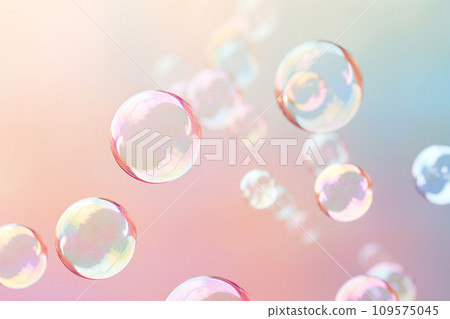 Soap bubbles floating in the air on pastel gradient background. Iridescent bubbles. Dreaming, fun and joy concept. Abstract pc desktop wallpaper. Cleaning and washing theme 109575045