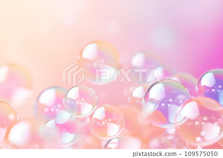 Soap bubbles floating in the air on pastel gradient background. Iridescent bubbles. Dreaming, fun and joy concept. Abstract pc desktop wallpaper. Cleaning and washing theme 109575050