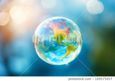 Soap bubble Earth floating in the air. Earth Day, save the planet concept. Ecology and sustainability, fragile world, saving the environment for future 109575057