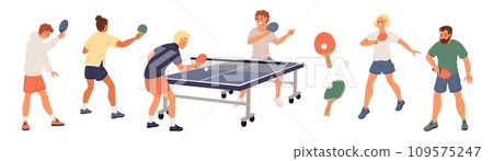 People play ping pong. Table tennis. Professional athletes with rackets in different poses. Persons in sports outfit. Players hit ball with racquets. Sportsman match. Garish vector set 109575247