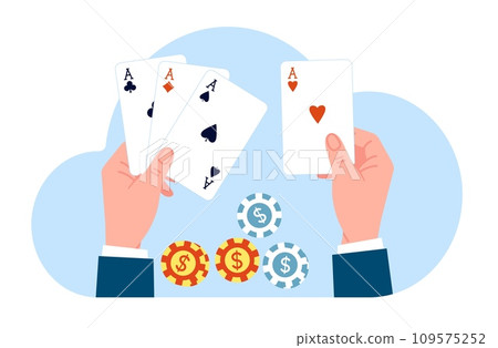 Hands with playing cards and casino chips. Poker and blackjack risky fortune games. Arms holding aces and dices. Gambler making bet. Entertainment club. Vegas gamble. Vector concept 109575252