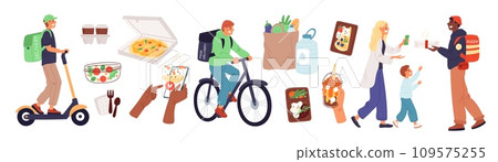Food delivery service. Ordering products at home. Express shipping. Couriers with groceries backpacks on scooter and bicycle. Online selection. Pizza and burgers boxes. Garish vector set Food delivery service. Ordering products at home. Express shipping. Couriers with groceries backpacks on scooter and bicycle. Online selection. Pizza and burgers boxes. Garish vector set 109575255
