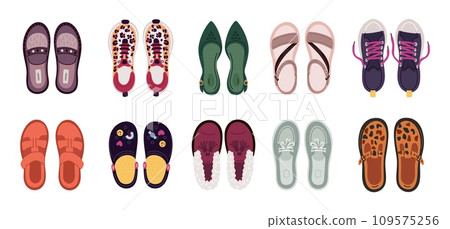 Female shoes top view. Colorful slippers, sandals and sneakers. Different types women footwear. Lacing and buckles. Casual loafers or gumshoes. Stylish accessories. Garish vector set 109575256
