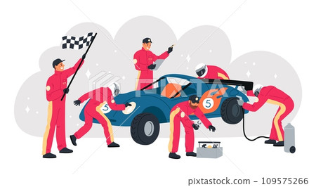 Cartoon racing car on pit stop. Mechanics team in auto servicing process. Tire pumping and wheel replacement. Automobile repair. Race competition. Technician crew. Garish vector concept 109575266