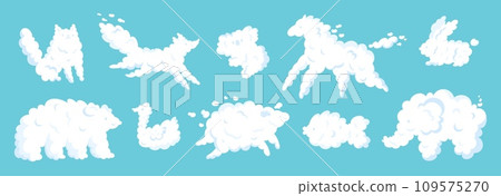 Cartoon animal shaped clouds. Imagination game. Cumulus zoomorphic forms. Bear and rabbit. Cloudy mammals. Horse and elephant. Outlines similarity. Garish vector cloudscape elements set Cartoon animal shaped clouds. Imagination game. Cumulus zoomorphic forms. Bear and rabbit. Cloudy mammals. Horse and elephant. Outlines similarity. Garish vector cloudscape elements set 109575270