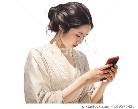 A woman in a kimono with a smartphone A woman in a kimono with a smartphone 109575423