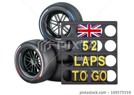 British racing, pit board with flag of the United Kingdom and racing wheels with different compounds type tyres. 3D rendering 109575559