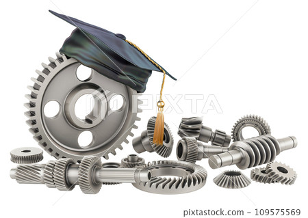 Gearwheels and cogwheels with education hat. Engineering Education concept, 3D rendering Gearwheels and cogwheels with education hat. Engineering Education concept, 3D rendering 109575569