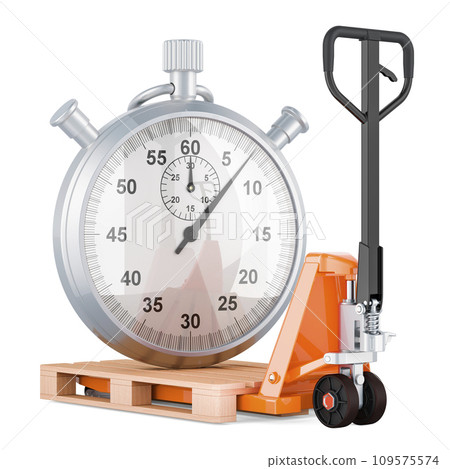 Hydraulic pallet jack with stopwatch. Fast delivery and shipping concept, 3D rendering Hydraulic pallet jack with stopwatch. Fast delivery and shipping concept, 3D rendering 109575574