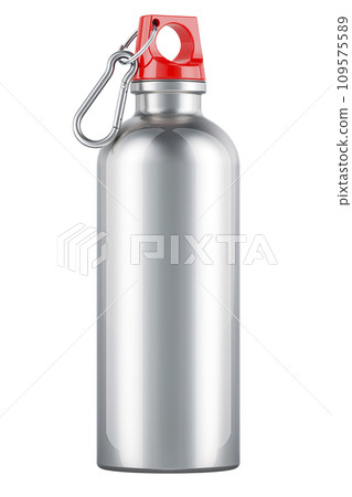 Training Metallic Water Bottle with carabiner, 3D rendering Training Metallic Water Bottle with carabiner, 3D rendering 109575589