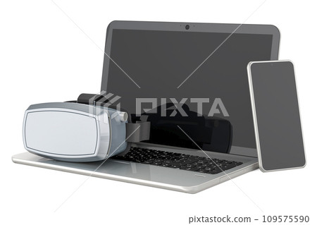 Virtual reality glasses with laptop and mobile phone. 3d rendering Virtual reality glasses with laptop and mobile phone. 3d rendering 109575590