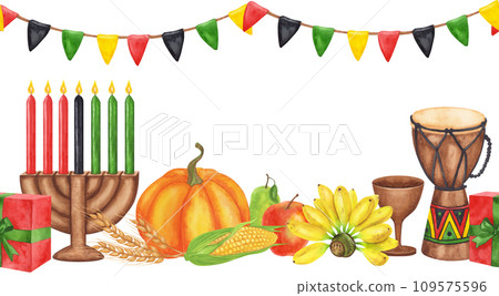 Seamless border for Kwanzaa. African-American holiday. Kinara, seven burning candles, red black green map, cup, drum, gift, harvest. Hand drawn watercolor illustration isolated background. Seamless border for Kwanzaa. African-American holiday. Kinara, seven burning candles, red black green map, cup, drum, gift, harvest. Hand drawn watercolor illustration isolated background. 109575596