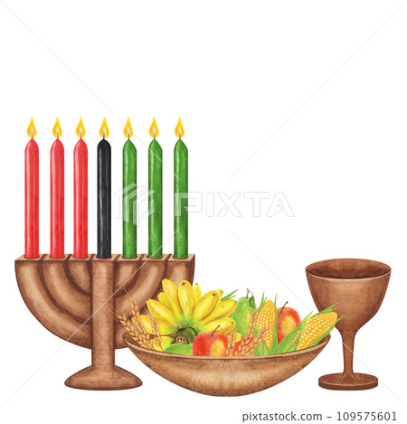 Kwanzaa postcard. African-American holiday. Kinara, seven burning candles, red black green map cup drum gift harvest. Hand drawn watercolor illustration isolated background. Kwanzaa postcard. African-American holiday. Kinara, seven burning candles, red black green map cup drum gift harvest. Hand drawn watercolor illustration isolated background. 109575601