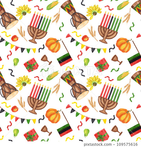 Kwanzaa seamless pattern. African-American holiday. Kinara, seven burning candles, red black green map, cup, drum, gift, harvest vegetables. Hand drawn watercolor illustration isolated background. Kwanzaa seamless pattern. African-American holiday. Kinara, seven burning candles, red black green map, cup, drum, gift, harvest vegetables. Hand drawn watercolor illustration isolated background. 109575616