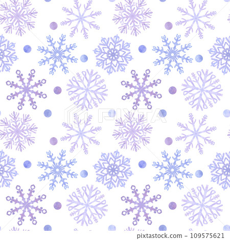 Snowflakes seamless pattern, blue lilac frost crystals. Symbol of winter, cold weather. New Year and Christmas holiday card. Hand drawn watercolor illustration isolated on white background. 109575621