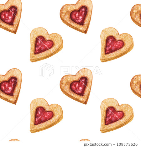 Seamless pattern sweet heart shaped cookies with strawberry jam. Valentine's Day. Hand drawn watercolor illustration isolated on white background. For menu, recipe, textile, fabrics, packaging 109575626