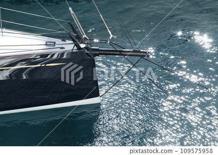 Sun glare on glossy board boats, azure water, tranquillity in port Hercules, bows of moored sailing boats at sunny day, megayachts, Monaco, Monte-Carlo Sun glare on glossy board boats, azure water, tranquillity in port Hercules, bows of moored sailing boats at sunny day, megayachts, Monaco, Monte-Carlo 109575958