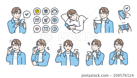 Simple vector illustration set material of smartphone and young man 109576124